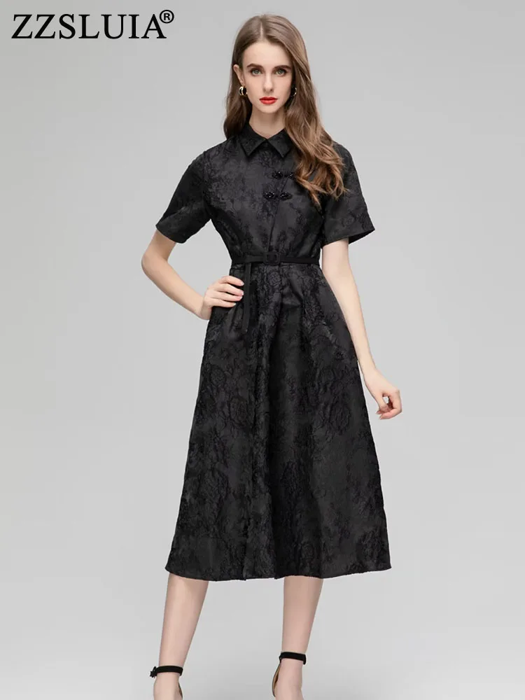 

ZZSLUIA винтажные платья для женщин отложной воротник короткий рукав дизайнерское тонкое платье миди с поясом модные платья чонсам