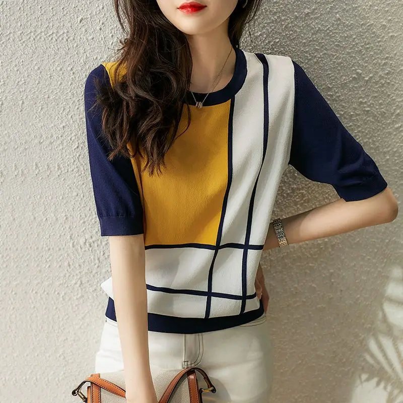 

Fashion O-Neck Spliced Korean Striped Blouse Women's Clothing 2023 Spring New Loose Casual Pullovers All-match Office Lady Shirt