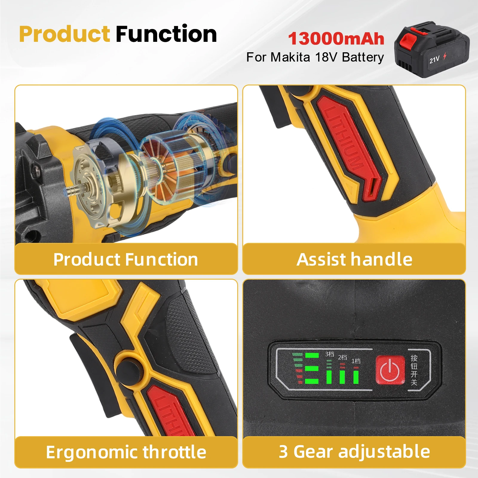 1500W Bürstenloser Elektrischer Winkelschleifer 3-Gang Kabelloser Schleifer 20000RPM Hochgeschwindigkeits-Schneidemaschine Holzbearbeitungs-Elektrowerkzeug – Detail 16