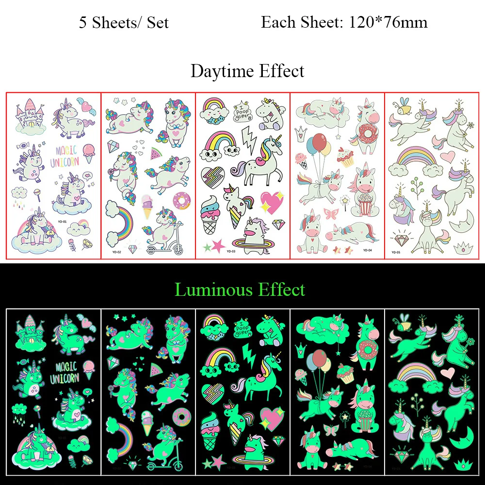 5 시트 빛나는 문신 스티커 임시 다채로운 동물 공룡 문신 바디 핸드 페이스에 대한 가짜 문신