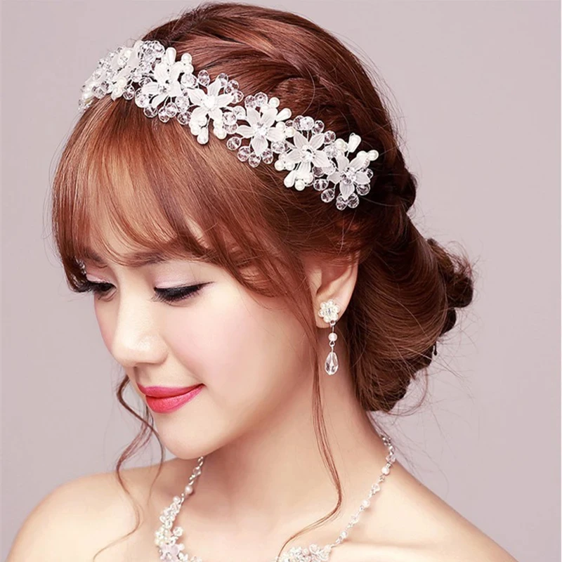 Glass Crystal White Flower Pearls Headbands Wedding Accessories hairbands for Bride Tiara Bridal Hair Jewelry Fashion crown headband bridal hair accessories hair accessories