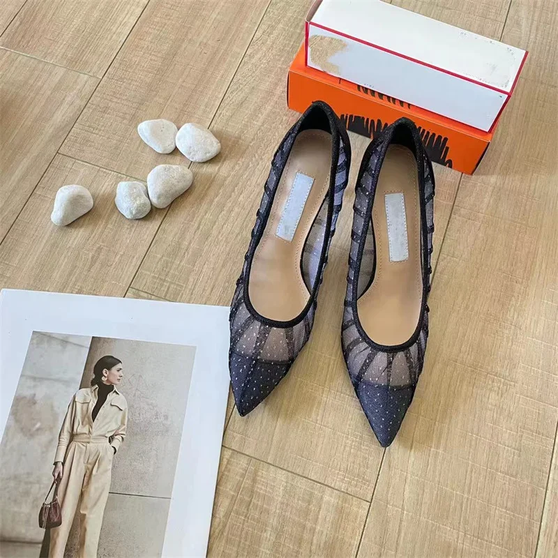 

2024 Autumn Mesh High Heels Pointed Thin Heels Wedding Dress Bridal Wedding Shoes Single Shoes