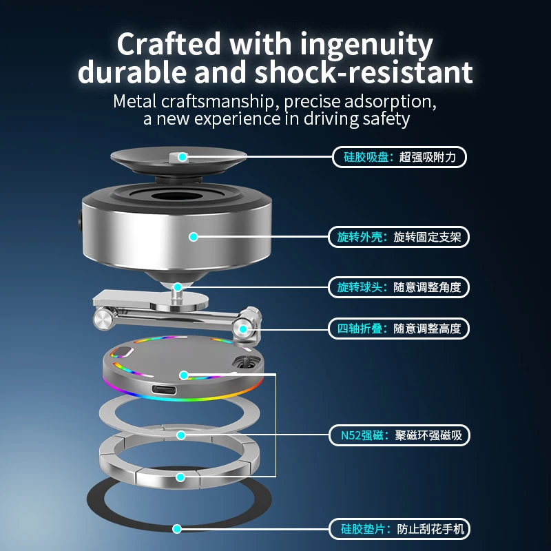 Vacuum Suction Cup & Magnetic Phone Holder & 15W Wireless Charger for Magsafe iPhone 17~12 360° Rotation Foldable Fast Charging