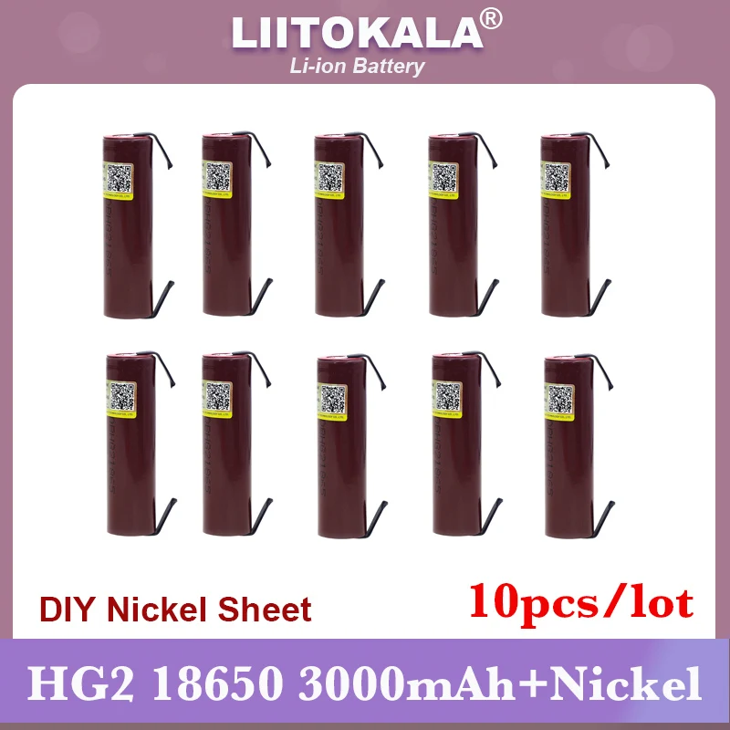 

10pcs/lot Liitokala new HG2 18650 3000mAh battery 18650HG2 3.6V discharge 20A dedicated For hg2 batteries Flat head + DIY Nickel