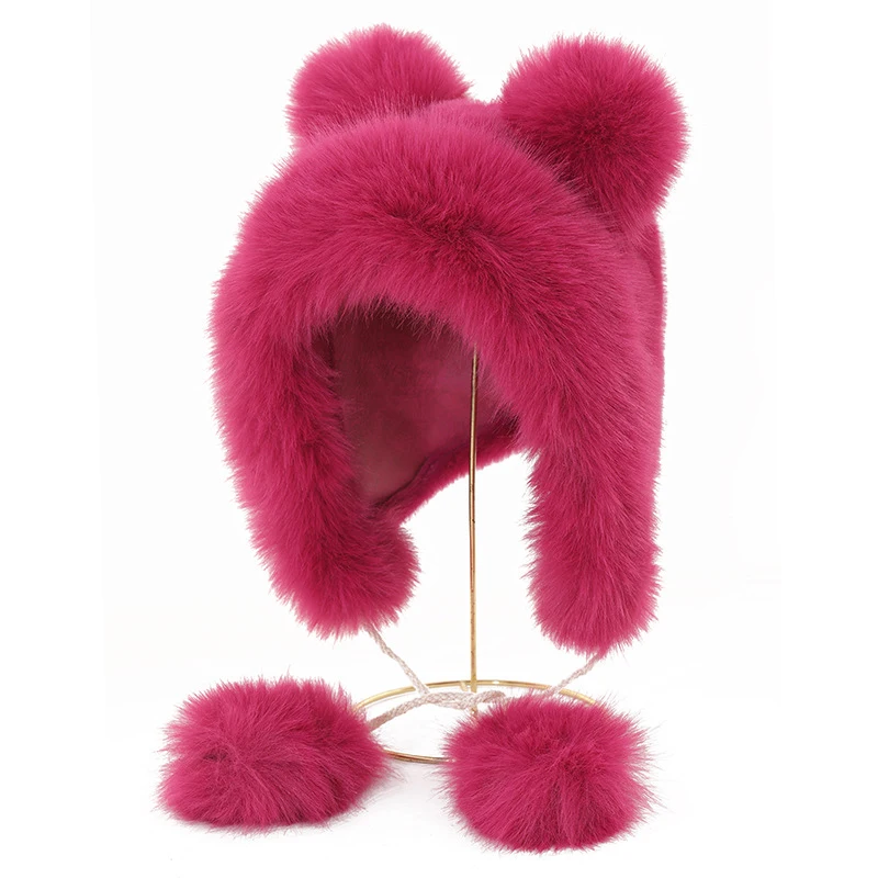 

1PC Thickened Imitation Mink Hair Pom-pom Strap Women's Hat Warm Bear Ears Ear Protection Fluffy Cute Outdoor Sweet