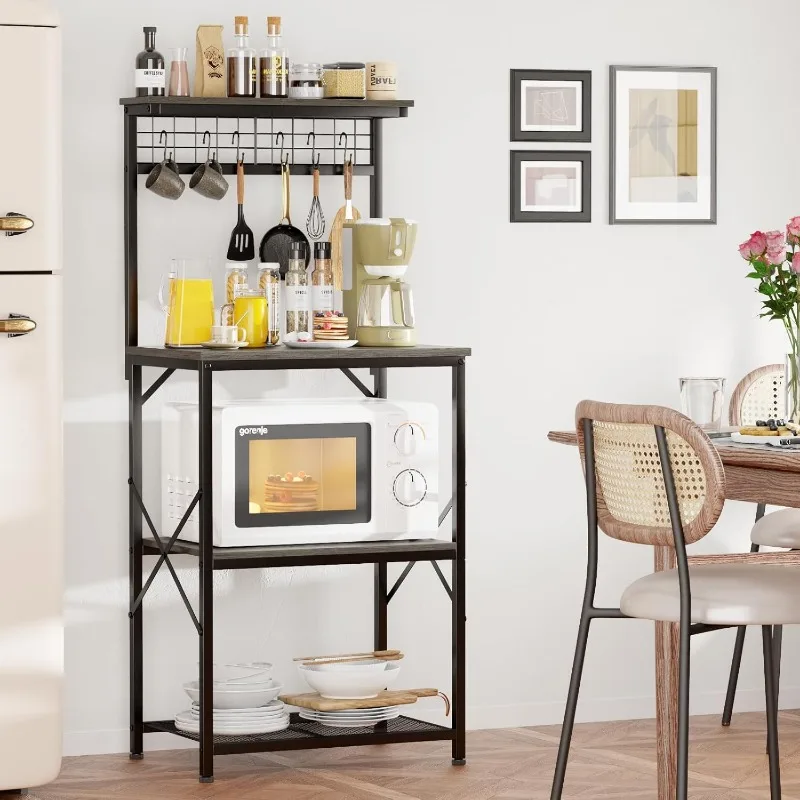 Kitchen Bakers Rack, Microwave Stand with Storage 4 Tiers, Coffee Bar Station with 6 S Hooks and Pegboard 6