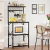 Kitchen Bakers Rack, Microwave Stand with Storage 4 Tiers, Coffee Bar Station with 6 S Hooks and Pegboard 6