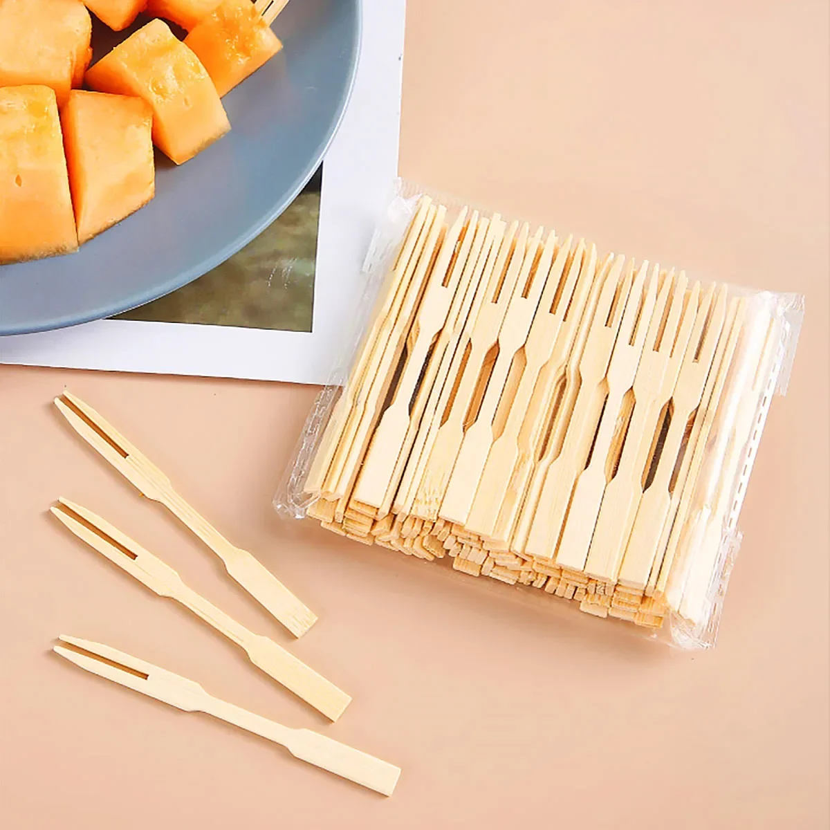 80pcs Bamboo Disposable Wooden Fruit Fork Salad Dessert Cocktail