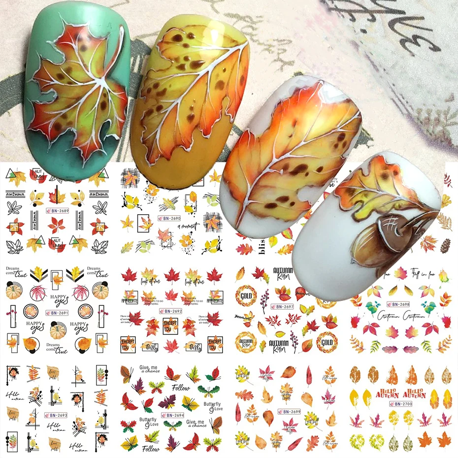12Pcs Autunno Maple Leaf Sticker Halloween Pumpkin Skull Clown Witch Spooky Design Cursori D'Acqua Manicure Decalcomanie Decorazione Jibn