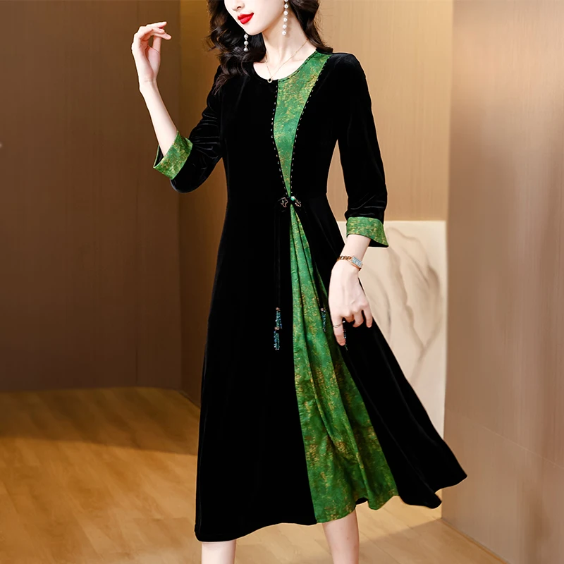 

2023 New Fashion Silk Printed Dress for Women's Autumn Retro Mulberry Silk Bottom Dress Korean Loose Tight Holiday Dress Vestido