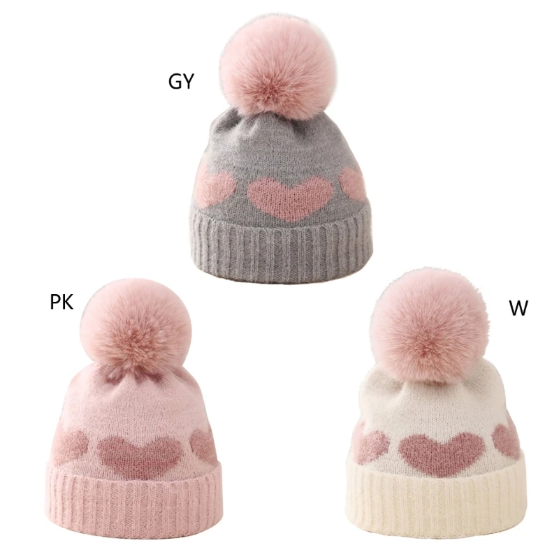 

Soft Baby Bonnet Cap Newborn Baby Infant Crochet Knitted Hairball Hat Winter Warm Hat for Baby Embroidered Heart Hat