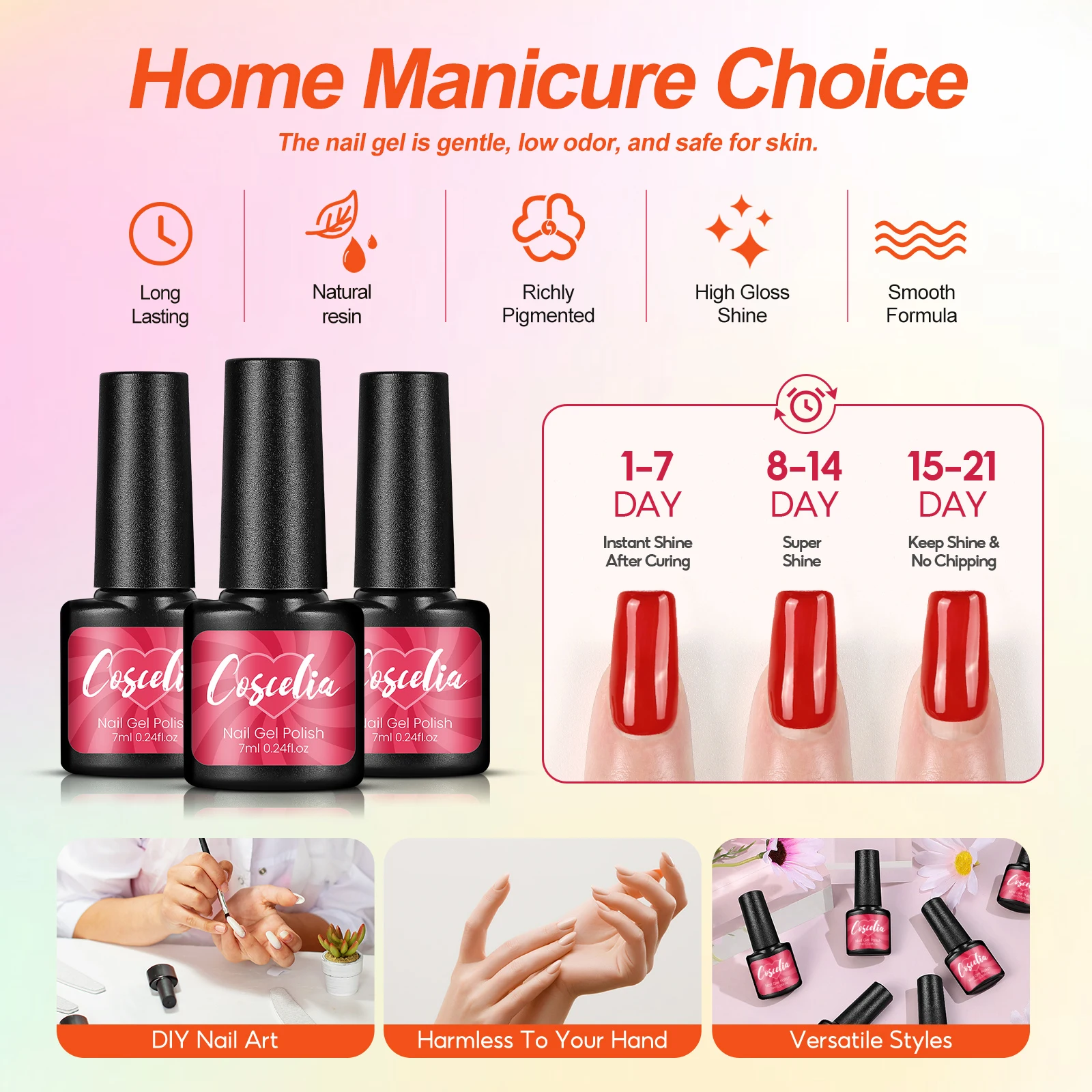 COSCELIA Manicure Set Nail Polish Gel Set with 6W LED Lamp 6 Colors Gel Polish Starter Kit Base Top Coat Manicure Brush Tools 4