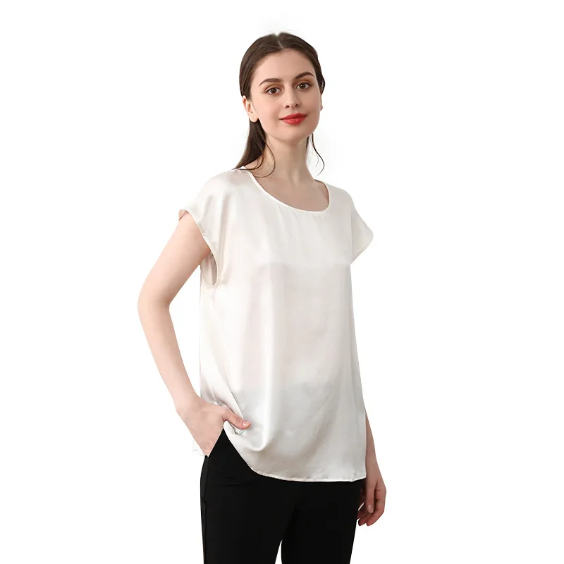 

19MM 100% mulberry silk T-shirt women ladies round neck pullover loose silk short sleeves