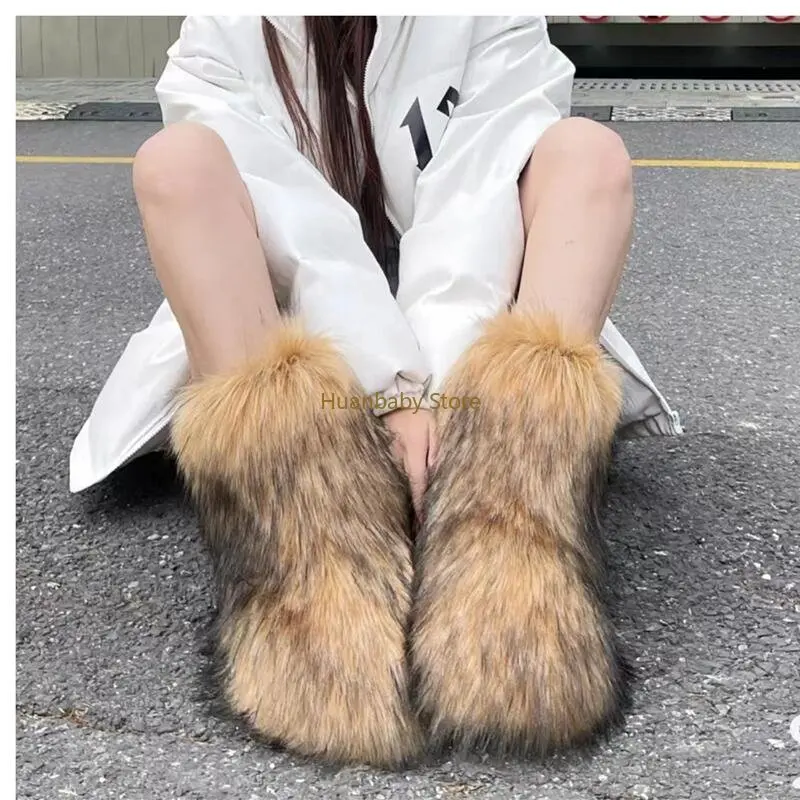 Ladies Boots Fox Fur Boots 25 CM Women's Winter Boots Fluffy Faux