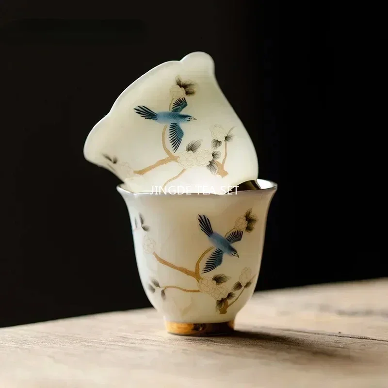 40ml Chinese Ceramic Teacup Master Handmade Suede Jade White Porcelain Tea Bowl Hand-Painted Bird Tea Cup Household Tea Set