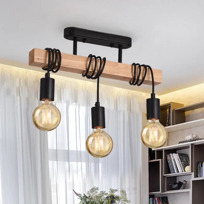 American Retro Wood Art Winding Suction Hanging Dual-use Lamps Living Room Dining Room Bedroom Chandelier Ceiling Light