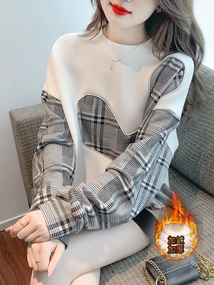 Women Thick Fleece Sweatshirts Loose Casual Patchwork Plaid White Pullovers O-Neck Long Sleeve Full Winter Hoodie Jumper Female sweatshirts plaid cowl neck pullover sweatshirt burgundy in red size l m s