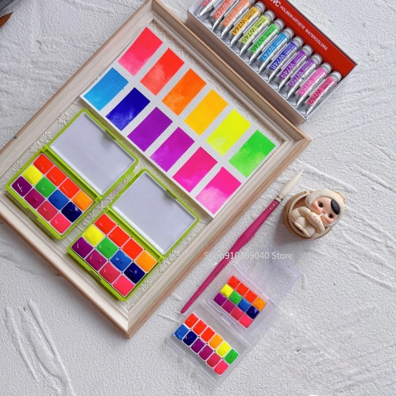 Holbein Watercolor Pigment Fluorescent Transparent Solid 12 Colors Watercolor Box Travel Painting Supplies