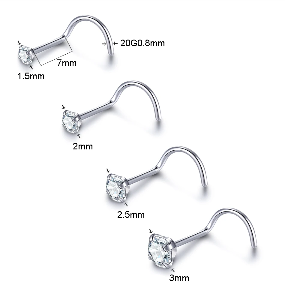 Nose Studs Implant Titanium Nose Stud Ring Set Round CZ Crystal Nose Piercings 1.5/2/2.5/3MM Screw Nostril Piercing Earring Jewelry 20G