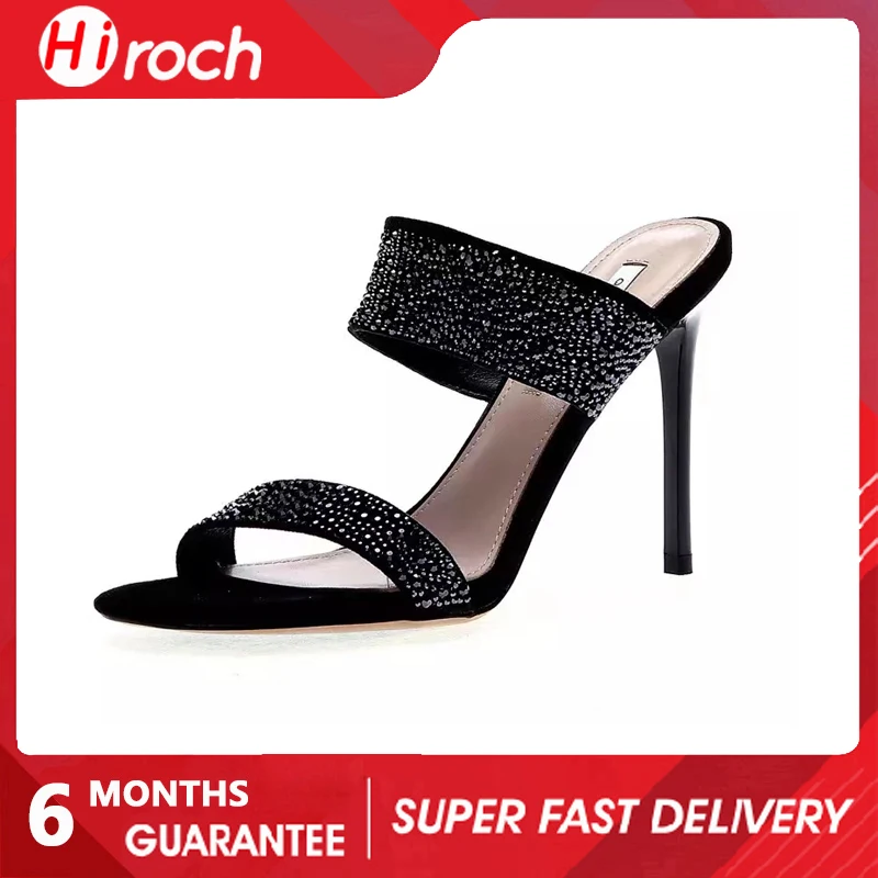 

HiRoch Summer Women Sexy High Heels Black Rinestone Sandals Party Shoes Slides Stiletto Thin Heel Slippers For Ladies Office