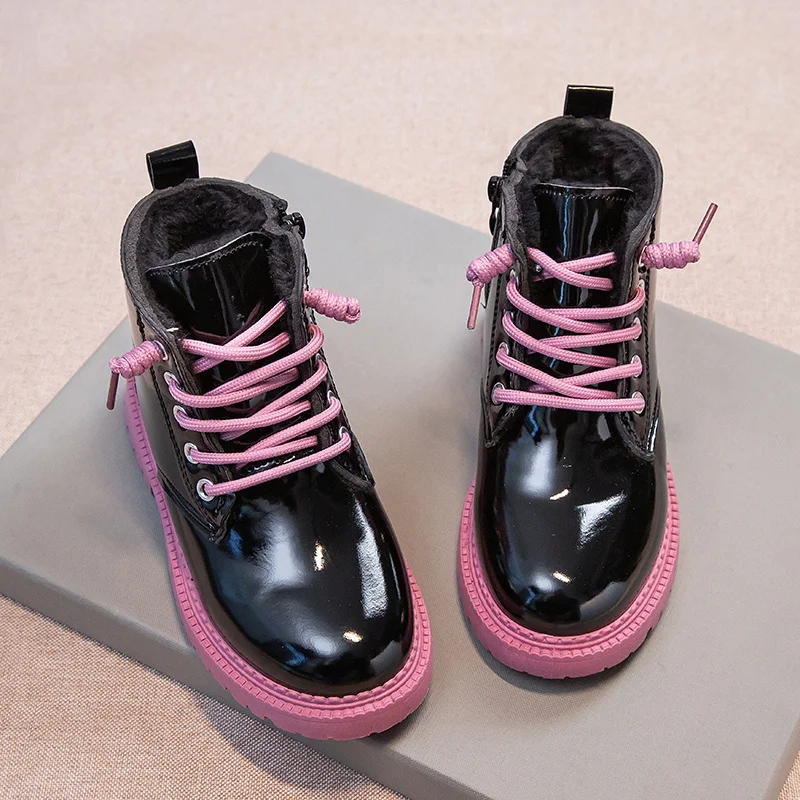 Mädchen-Stiefel, Schnür-Winter-Stiefeletten für kleine Mädchen, Plüsch-Schneestiefel, wasserdichte, rutschfeste Winterschuhe_voghion.com