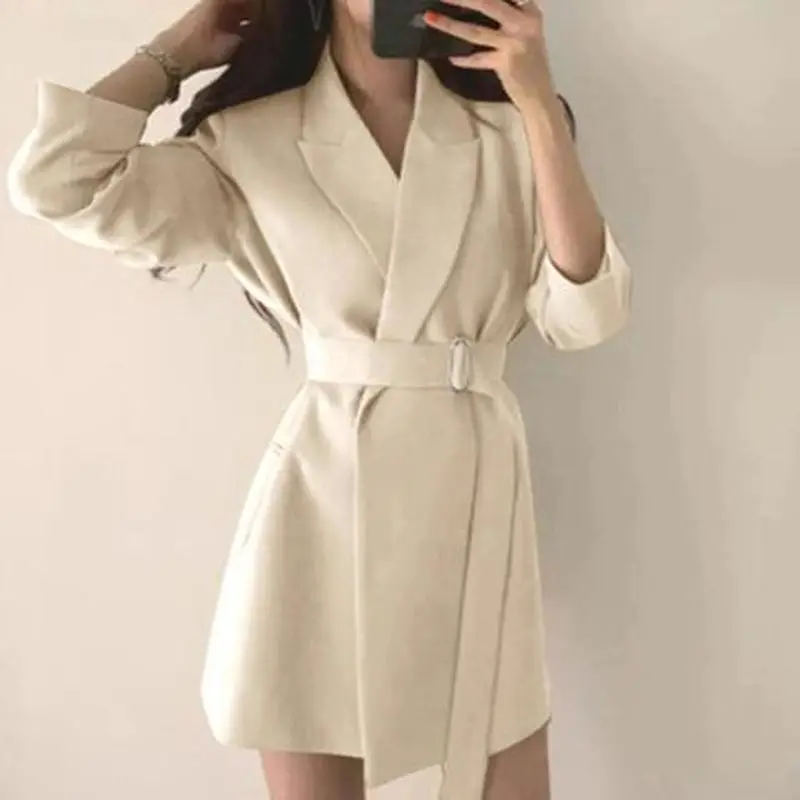 Spring Autumn Women's Long Blazers Dress Jacket with Belt Notched Outerwear Office Lady Coat England Style Cardigan Blazer Women yellow pant suit