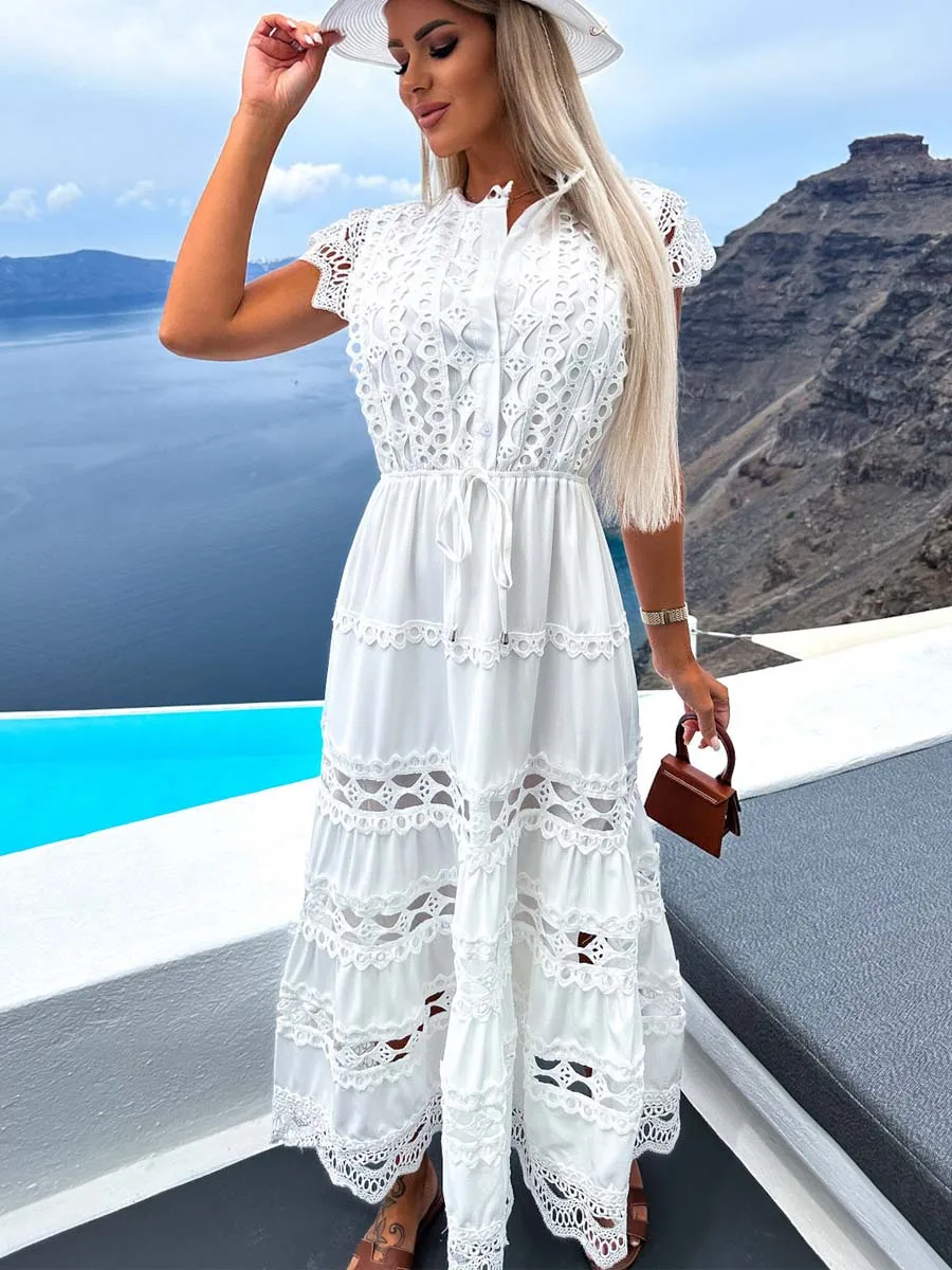 

Lace Splicing Long Dress Women Elegant White Embroidery Maxi Sundress Summer Ladies Boho Beach Dress Fashion Lace-up Shirt Dress