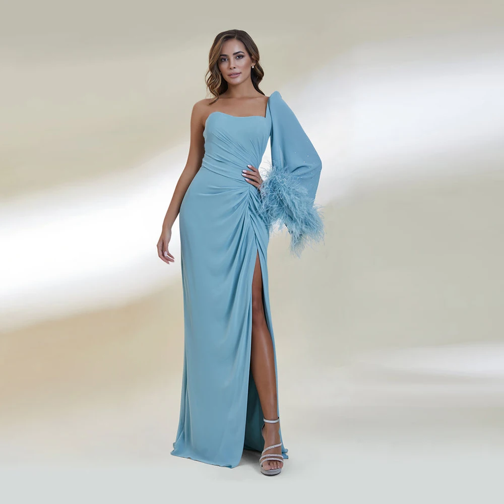 

Fashion Evening Dress For Women Vestidos de fiesta 행사드레스 One-Shoulder Elegant Feathers Side Slit Floor-Length Party Prom Gown