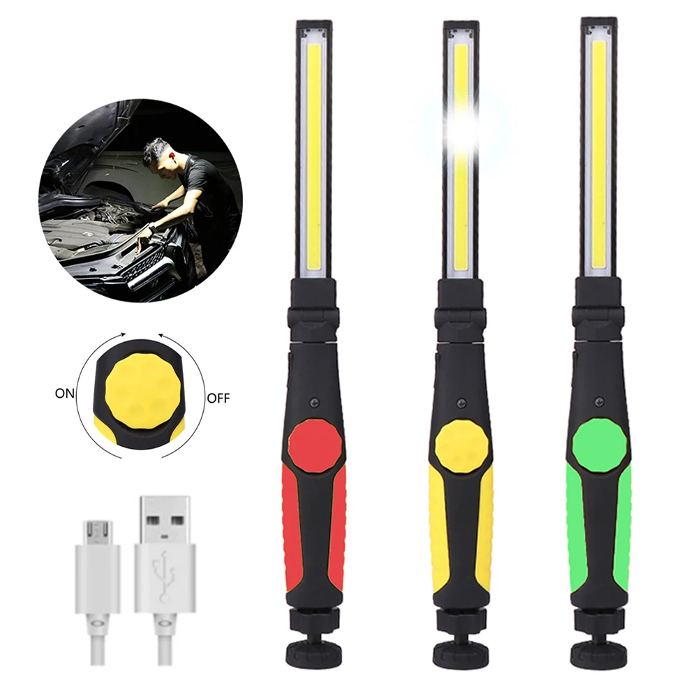 Lampe de travail LED COB rechargeable par USB, lampe de poche d'inspection magnétique avec crochet, luminosité réglable, batterie 18650, outil