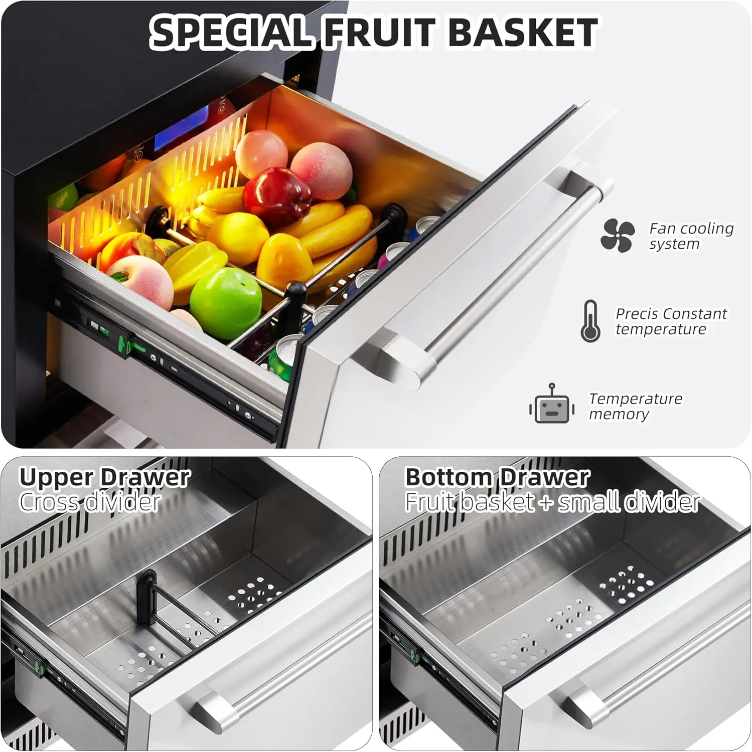 24" Outdoor Drawer Fridge, Counter Double Drawer Beverage Refrigerator, 5.2 Cu.Ft. Weather Proof Stainless Steel Built-in Fridge 3