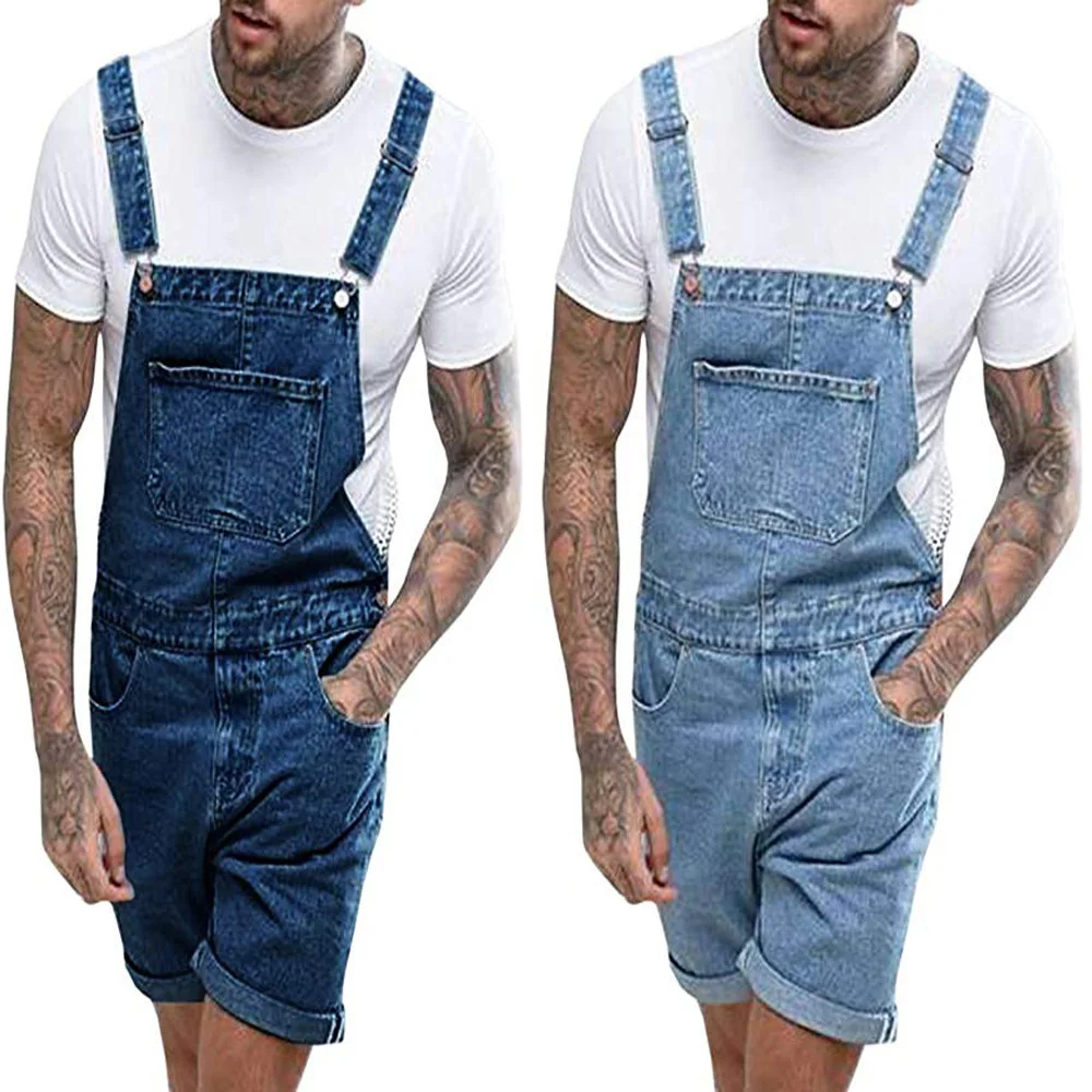 Retro Men's Denim with Hole Shorts One-Piece Working Bib Top Pants Overalls Summer Short Jeans Pockets Washed Denim Pants