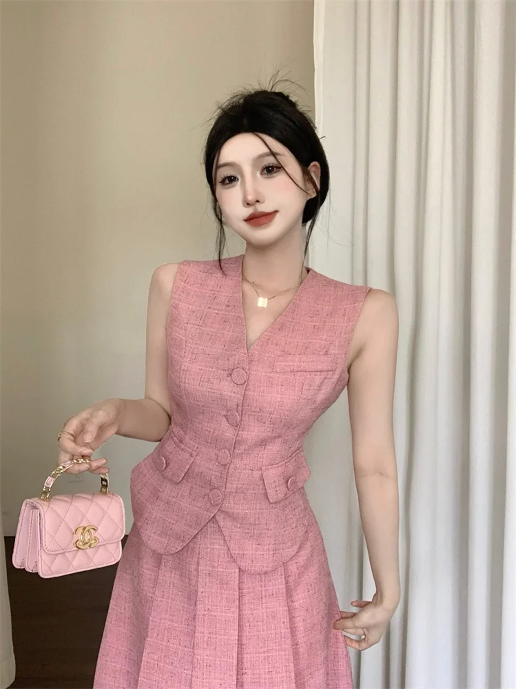 Small Fragrance Fashion Vintage Luxury Tweed Women's Vest Coat Outwear + High Waist Elegant Long Skirts Two Pieces Set Suit