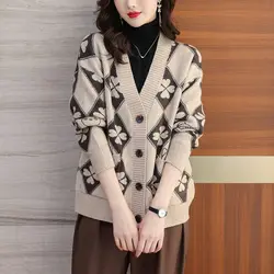 2023 New Women Winter Casual Fashion Printing Sweater Lady V-neck Long Sleeve Loose Large Size Button Knitting Cardigan