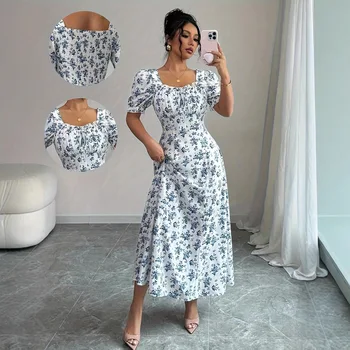 Abito con buco largo stampato a maniche corte con scollo a V stile moda estiva 2025 1