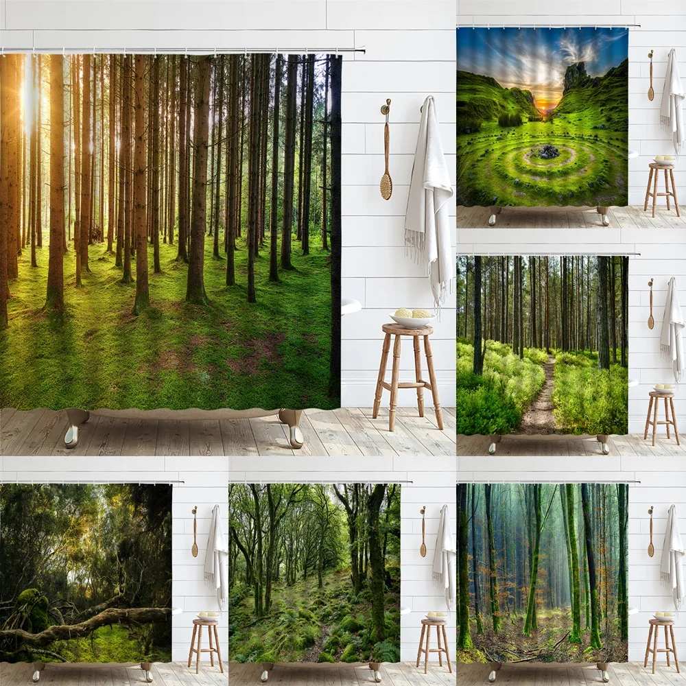 

3D Tropical Forest Natural Scenery Shower Curtain Green Tree Moss Woodland Sunshine Bathroom Partition Screen Bath Curtains Home