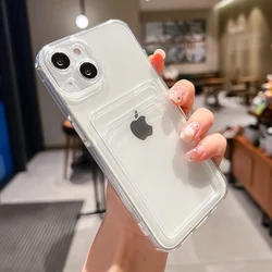 Electroplated Transparent Card Holder Wallet with Photo Pocket - Shockproof Silicone Cover - iPhone 15 Plus (Clear)
