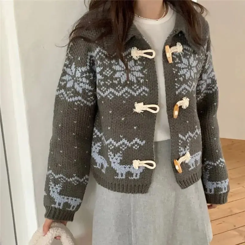용수철 눈송이 사슴 무늬 여성용 스웨터 재킷, 뿔 단추 턴다운 칼라, 양모 니트 가디건, 캐시미어 코트, 점퍼 H716