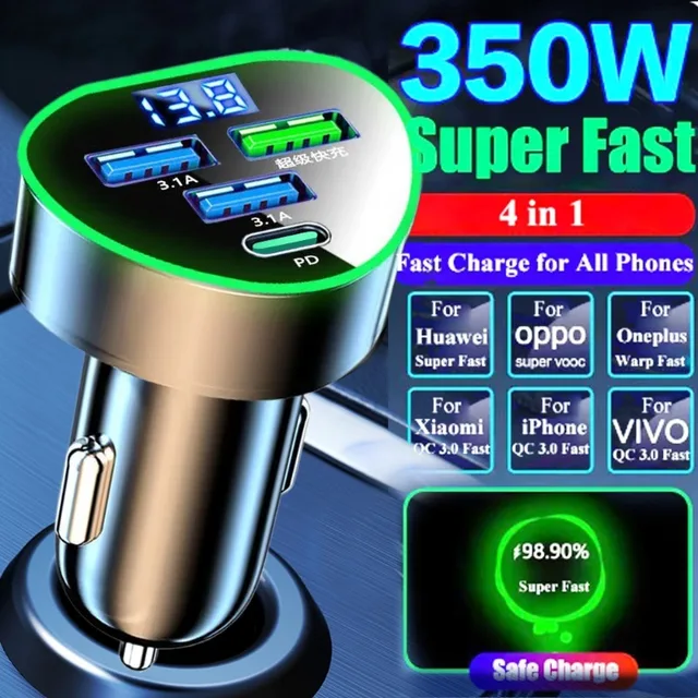 350W Car Phone Charger USB Type C Super Fast Charge in Car with LED Voltage Monitor for IPhone Samsung Huawei Oneplus Vivo Oppo 1
