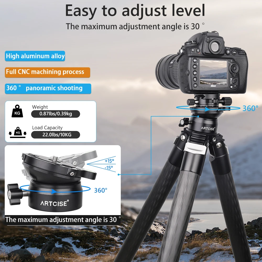 ARTCISE LH4 Leveling Base Tripod Head 360&deg;Panoramic with Arca Swiss Quick Release Plate Clamp for DSLR Camera Video Load 10kg