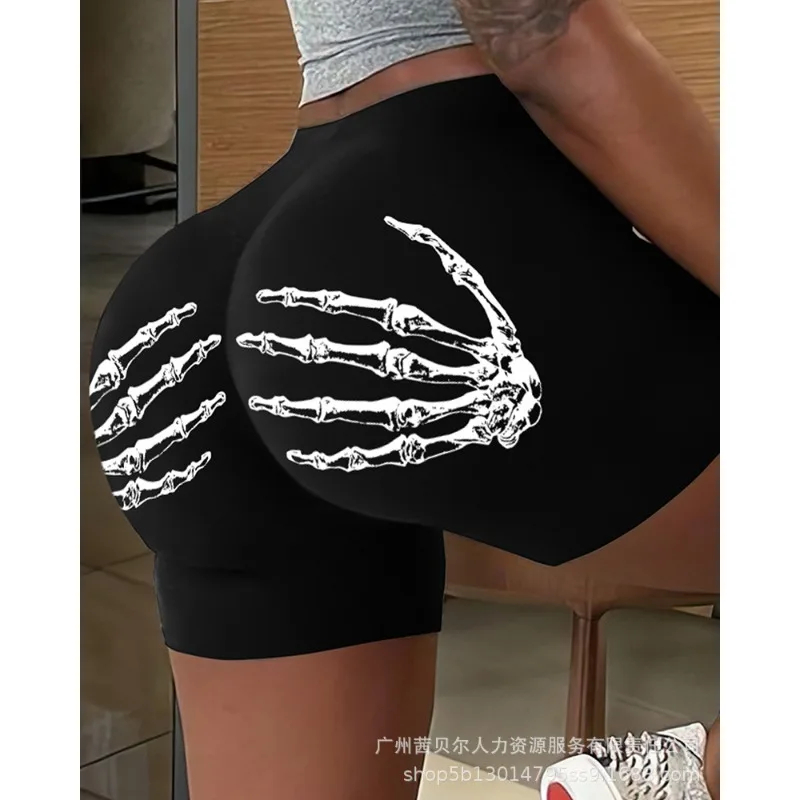 

Halloween Skeleton Hands Print Bodycon Shorts for Women Y2K INS Elegant Fashion High Waist Slim Fit Sport Fitness Shorts