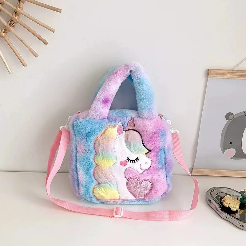Kids Bags Shoulder Bags Cartoon Embroidered Plush One Shoulder Bag Cute Girl Children's Handbag Unicorn Girl Crossbody Bag Spot