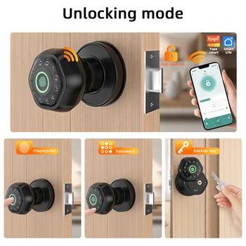 RAYKUBE Q5 USA. Free Delivery Tuya BLE Smart Fingerprint Door Lock Electronic Lock Round Knob with Password/Key/Tuya APP Unlock 2
