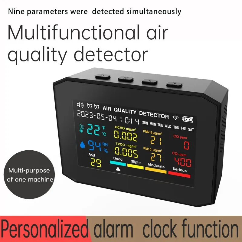 

Maxgeek 9-in-1 Air Quality Detector Air Quality Tester Clock Alarm Black w/ 3.8" Screen Adjustable Backlight