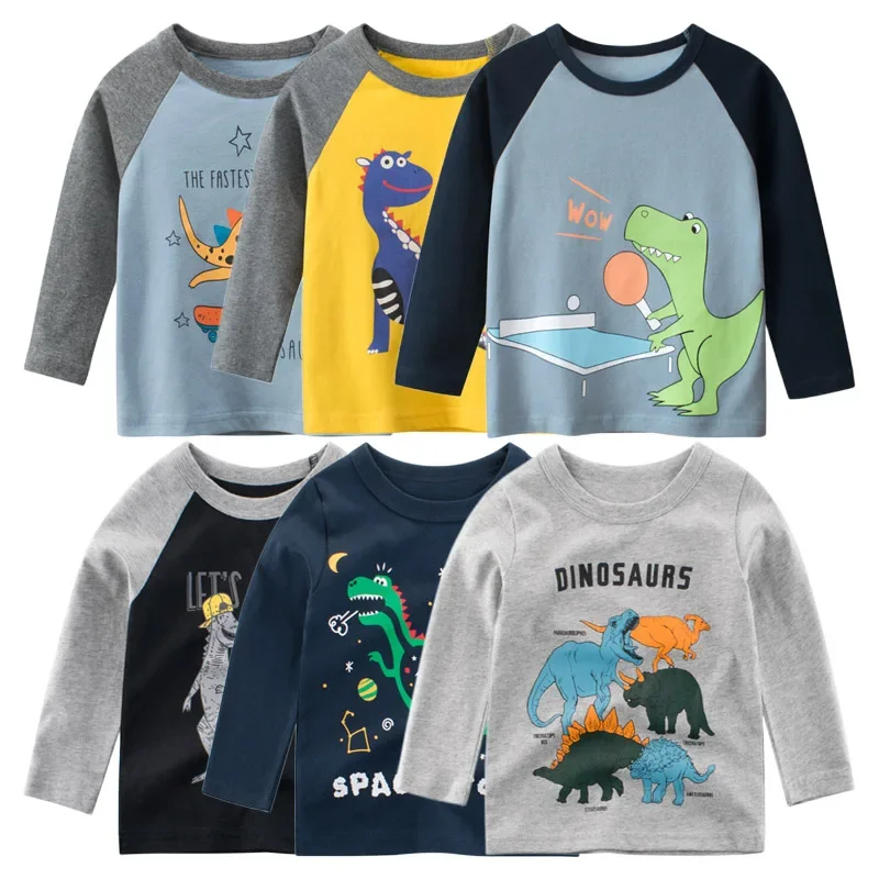 Cartoon Dinosaur Boys Basic Shirt Abbigliamento Per Bambini 2024 Autunno New Cotton Tops Kids Fashion T-Shirt A Maniche Lunghe Dropship 2-9Y