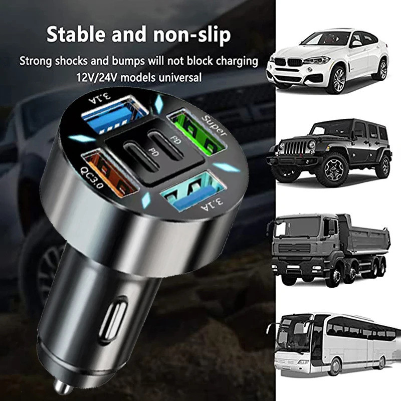 6 Ports Car Charger Fast Charging PD QC3.0 USB C Car Phone Charger Adapter With Voltage For iPhone Samsung Huawei Xiaomi