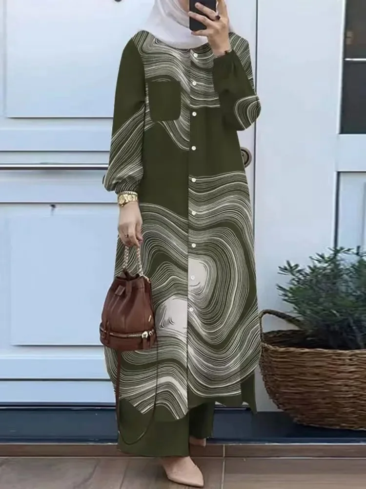 Temperament Collage Cardigan Long-sleeved Lapel Muslim Women's Suit