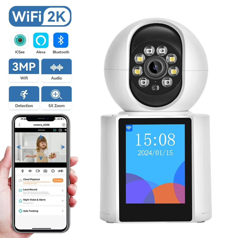 3MP WIFI 카메라 베이비 모니터 2.8인치 화면 PTZ Wifi 카메라 양방향 오디오 비디오 통화 ICSEE 앱 스마트 홈 보안 카메라