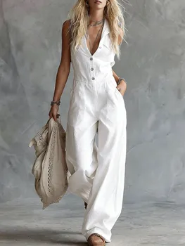 2026 New European and American Casual Fashion Western Style V-Neck Buttonless Sleeveless Linen One-Piece Skirt 1