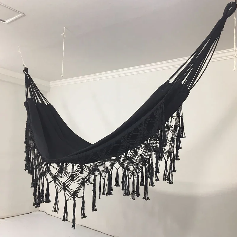 Adult Black Camping Hammock with Tassel Single-person Nordic Bohemian Hanging Bed 2.4x1.5m/2x1.5m Comfort Portable Hammock