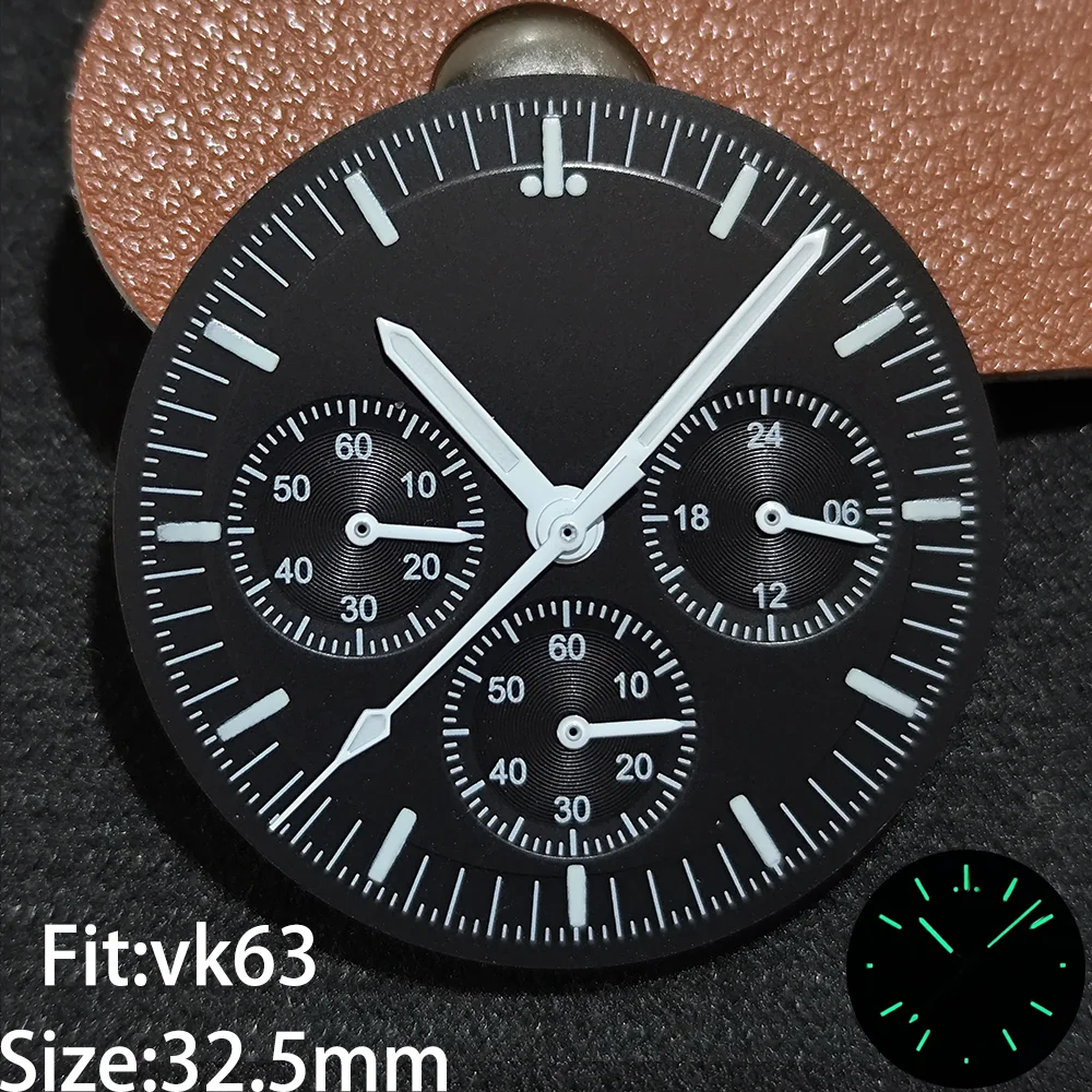 VK63 32.5mm 다이얼 및 시계 손 VK63 쿼츠 무브먼트에 적합한 녹색 발광 시계 액세서리 새로운 액세서리 부품
